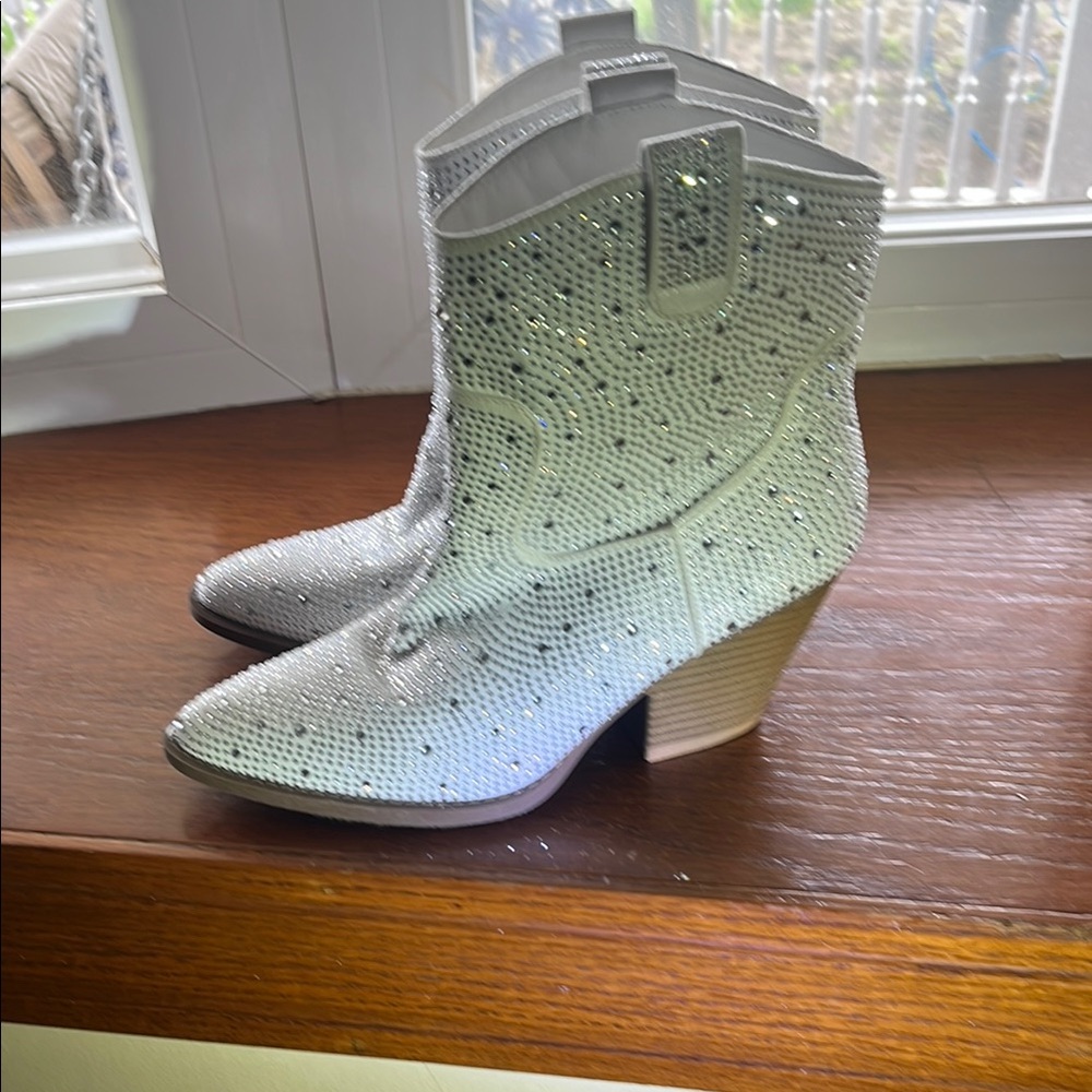Forever 21 Silver Heeled Boots with Rhinestone Embellishments